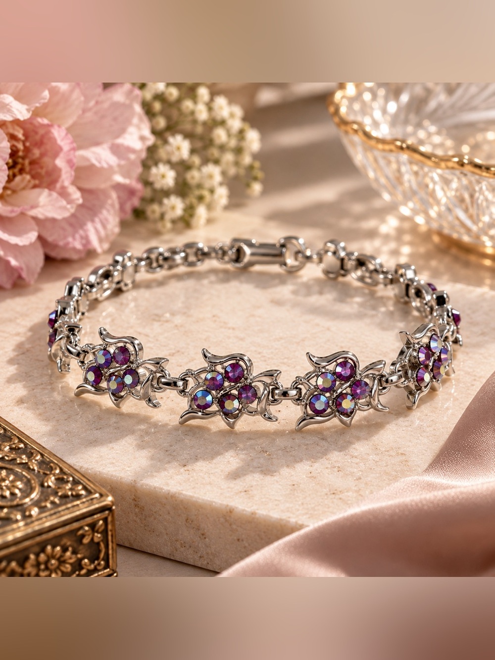 Sarah Coventry stamped vintage Ruby AB Rhinestone Floral Bracelet Silver Tone